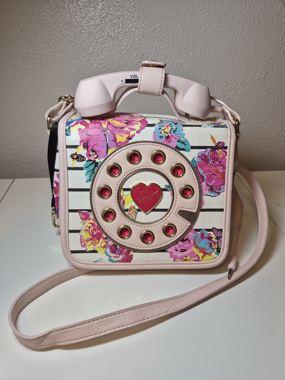 Betsey Johnson Pink Floral Retro Phone Crossbody Bag with Gold Accents - Picture 2 of 10